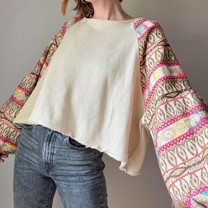 Free People Cream Tapestry Weave Puff Sleeve Boho Sweatshirt size: L